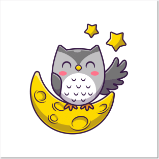 Cute Owl With Moon And Stars Posters and Art